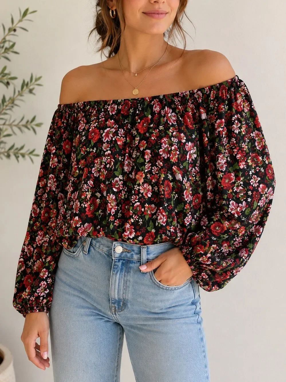 Zara Floral Off Shoulder Peasant Blouse Black Red Boho Top Size S
